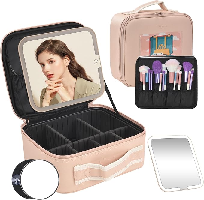 Travel Makeup Bag with LED Mirror,Removable Mirror with 3 Color Modes,Portable makeup travel organizer for Women,Makeup Case with 8 Adjustable EVA Dividers,Cosmetic Train Case with Lighted Mirror