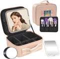 Travel Makeup Bag with LED Mirror,Removable Mirror with 3 Color Modes,Portable makeup travel organizer for Women,Makeup Case with 8 Adjustable EVA Dividers,Cosmetic Train Case with Lighted Mirror