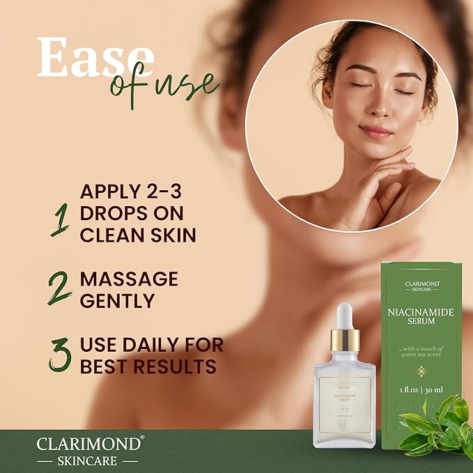CLARIMOND Niacinamide Serum with Green Tea extract | 5% Niacinamide & Hyaluronic Acid | Hydration, Pore Refinement & Oil Control | Lightweight, Calming Formula for All Skin Types