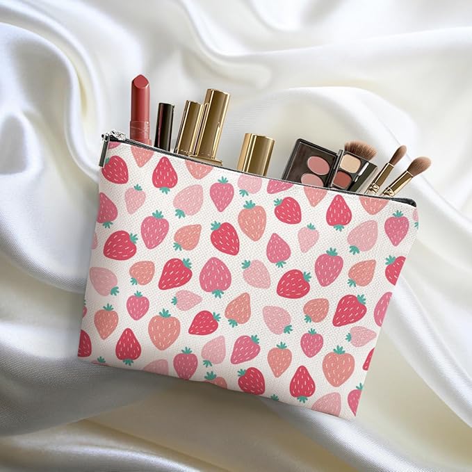 Cute Pink Strawberry Makeup Bag Retro Fruit Cosmetic Bag Friend Friendship Gifts for Women Girls Sister Bestie Coworker Travel Organizer Zipper Pouch Christmas Thanksgiving Birthday Gifts