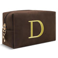 Personalized Initial Makeup Bag,Preppy Suede Cosmetic Bag for Teen Girls,Small Monogram Travel Toiletry Bag With Gold Embroidered Letter,Trendy Stuff Custom Christmas Gift for Women(Coffee-D)
