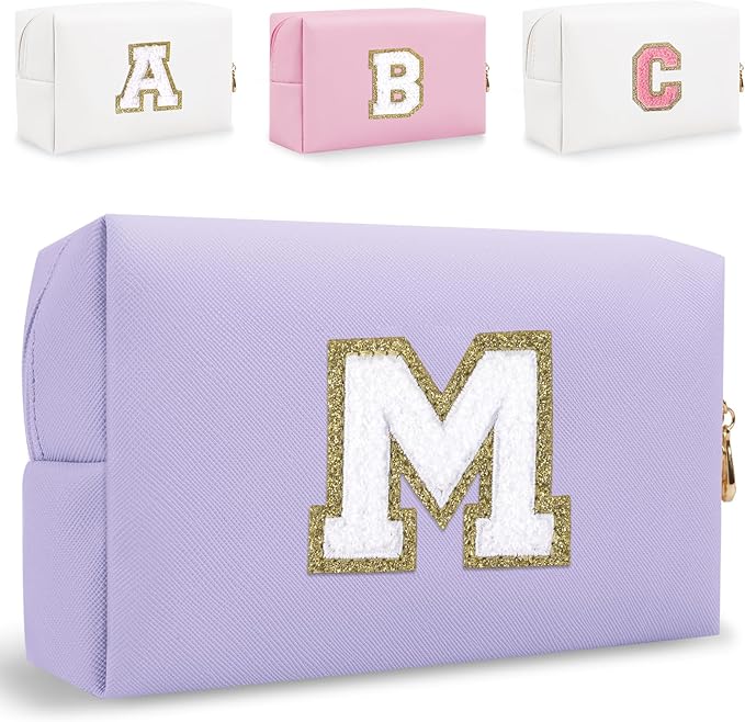 Small Personalized Letter Makeup Bag, Cute PU Leather Chenille Letters Cosmetic Bag Travel Makeup Pouch, Preppy Travel Organizer Zipper Pouch for Women&Girls（Purple-M）