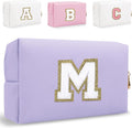 Small Personalized Letter Makeup Bag, Cute PU Leather Chenille Letters Cosmetic Bag Travel Makeup Pouch, Preppy Travel Organizer Zipper Pouch for Women&Girls（Purple-M）
