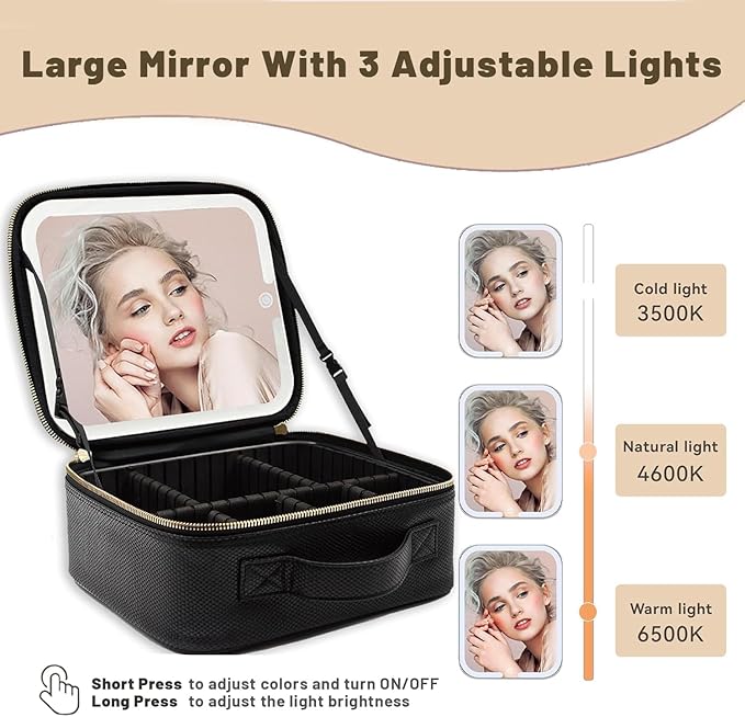 Portable Travel Cosmetic Bag with LED, 3-color Adjustable Cosmetic Organizer, Women's Cosmetic Case, Mirror Makeup Bag Case Rechargeable (Black)
