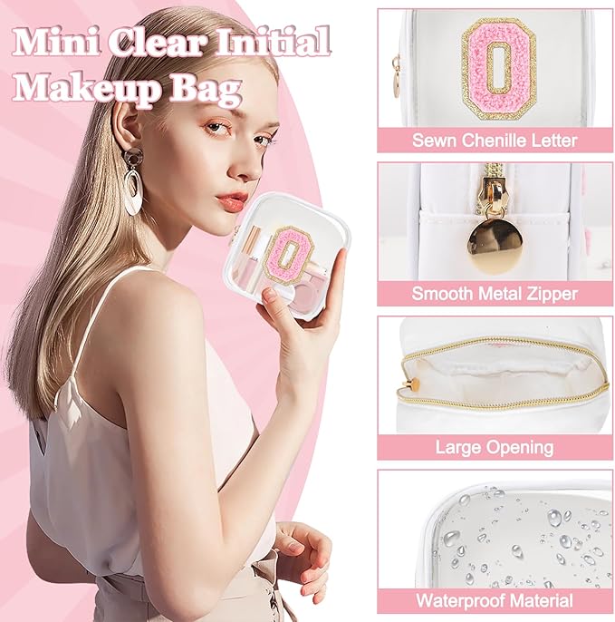 Mini Clear Personalized Initial Makeup Bag,Small Nylon Waterproof Zip Beach Cosmetic Pouch,Preppy A-Z Chenille Letter Patch Cute Coin Purse Travel Toiletry Bag Car Pack Bag for Women(White-Pink O)