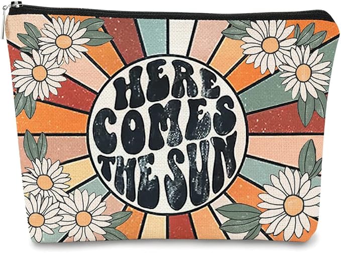 Preppy Makeup Bags for Women,Trendy Retro Daisy Sunshine Makeup Bag Cute Floral Here Comes Summer Boho Inspirational Cosmetic Bag Gift for Teen Girls,Birthday Gifts for Women