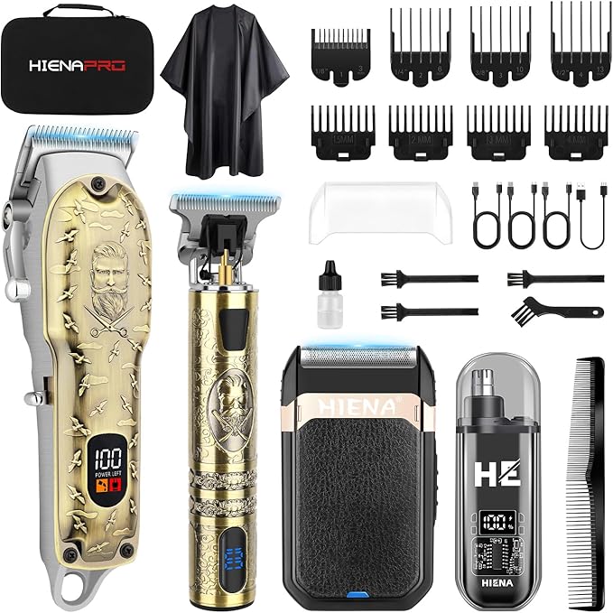 HIENA PRO Hair Clippers for Men Professional, Cordless Barber Clipper and T-Blade Beard/Hair Trimmer Set, Electric Razor Foil Shaver Nose Trimmer Barber Kit, Men's Hair Cutting Kit (814 Set)