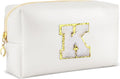 Gifts for Girls Initial Makeup Bag Personalized Cosmetic Bag with Zipper Cute Travel Toiletry Bags Waterproof PU Preppy Makeup Pouch Birthday Gift for Teen Girls Women(White K)