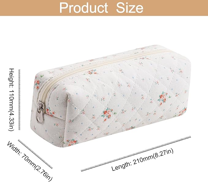 Cute Floral Cotton Makeup Brush Cosmetic Bag for Women, Travel Quilted Zipper Make Up Bag, Flowers Toiletry Organizer Case Kawaii Makeup Cosmetic Travel Cloth Pouch (White Small Flower)