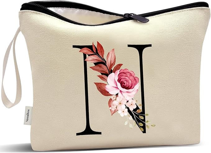 Vavabox A-Z Personalized Makeup Bag, Birthday Gifts for Women Mom, Gifts for Best Friend, Bride Bridesmaid Cosmetic bag (N, Yellow)