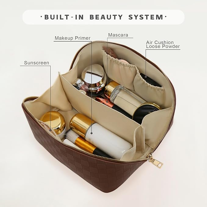 Travel Makeup Bag – Large Cosmetic Organizer with Waterproof PU Leather, Smooth Double Zipper & Tear-Resistant Lining, Toiletry Pouch for Women (Brown)