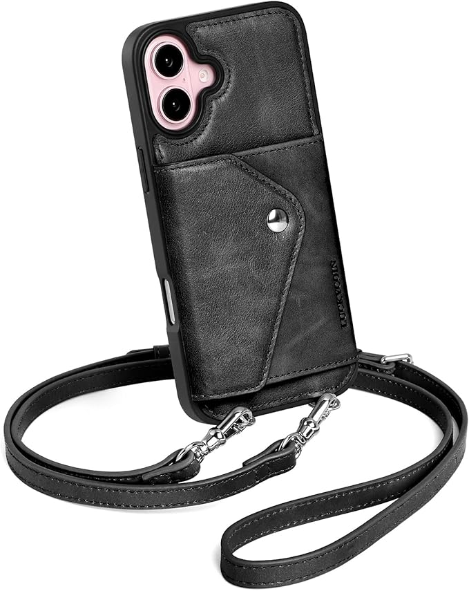LUCKYCOIN Crossbody Wallet Phone Case for iPhone 16 Plus,100% Genuine Leather Wallet Phone Case with Expandable Flip Card Holder,Phone Purse for Women with Adjustable Removable Strap - Black