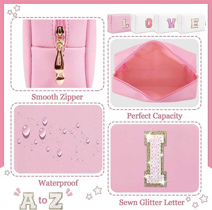 Initial Letter Patch Makeup Bag, Small Preppy A-Z Glitter Letter Cosmetic Bag, PU Leather Waterproof Travel Toiletry Bag, Cute Make Up Pouch Personalized Monogrammed Gift for Women Teen Girls