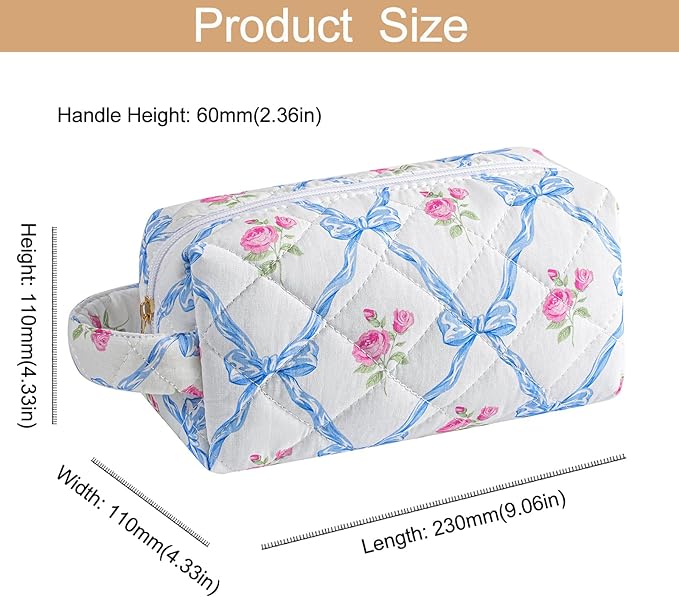 Makeup Bag Travel Cosmetic Bag for Women, Zipper Make Up Pouch, Floral Flowers Toiletry Organizer Makeup with Handle, Cosmetic Travel Cloth Bag (Blue Bowknot)