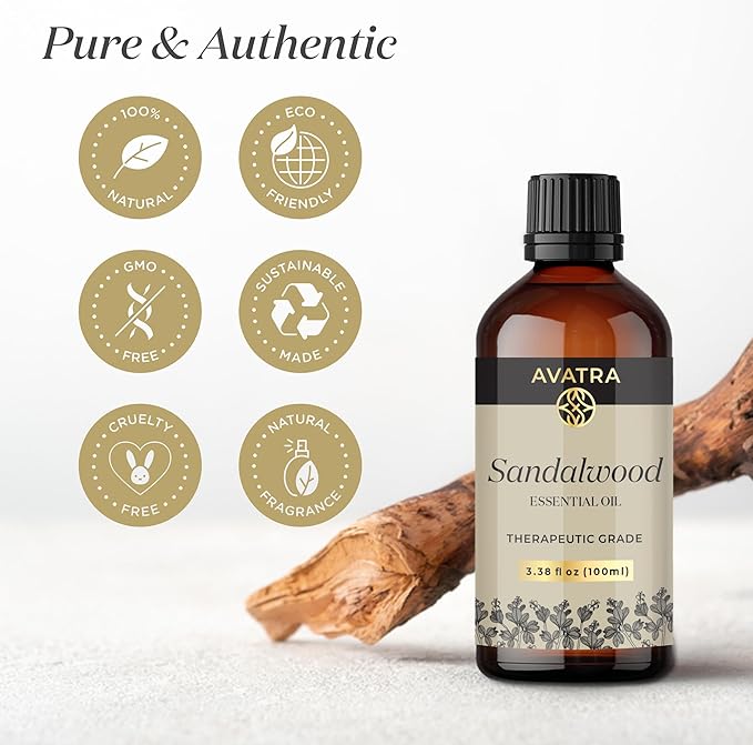 Avatra Sandalwood Essential Oil 100ML (3.38 OZ) with Glass Dropper and Travel Bottle, Pure and Natural Therapeutic Grade Sandalwood Oil for Diffuser, Aromatherapy, Massage, and DIY Candle Products