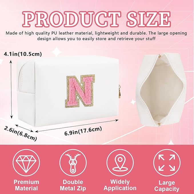 Iqimott Personalized Initial Letter Patch Makeup Bag, Preppy Portable Chenille Letter Cosmetic Bag with Zipper, PU Leather Waterproof Travel Toiletry Bag Monogram Make Up Pouch Girls(Letter N)