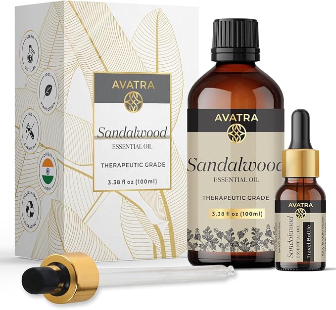 Avatra Sandalwood Essential Oil 100ML (3.38 OZ) with Glass Dropper and Travel Bottle, Pure and Natural Therapeutic Grade Sandalwood Oil for Diffuser, Aromatherapy, Massage, and DIY Candle Products