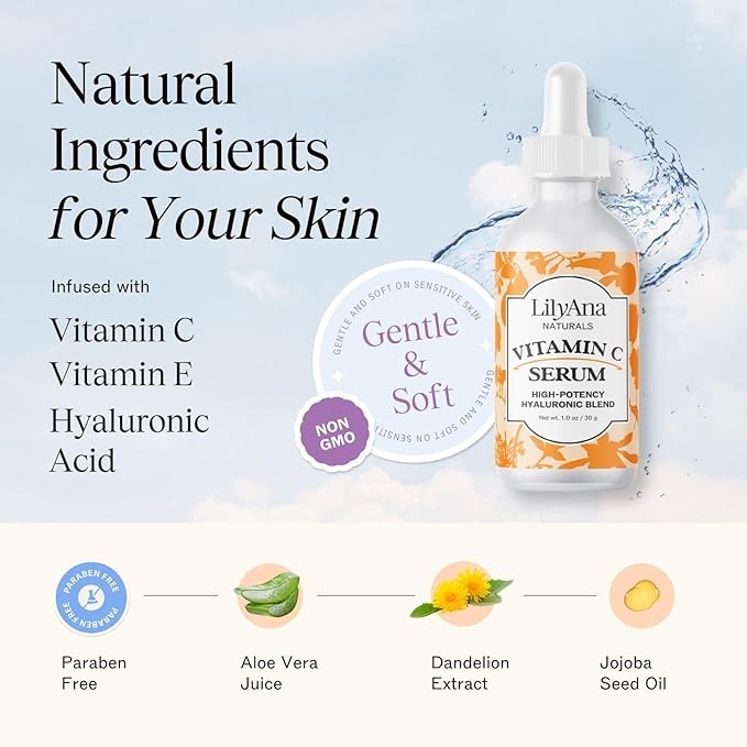 LilyAna Naturals Vitamin C Serum for Face with Hyaluronic Acid and Vitamin E, Anti Aging Serum, Reduces Age Spots and Sun Damage, Promotes Collagen and Elastin (1oz)
