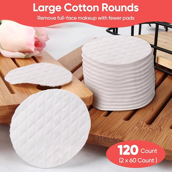 Extra Large Cotton Rounds, Diameter 3.14", 100% Pure Cotton Pads, Soft and Lint-Free, for Removing Makeup, Nail Polish, and Cleansing Face, 120 Count