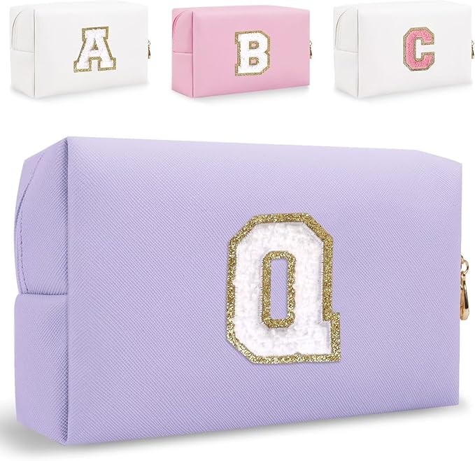 Small Personalized Letter Makeup Bag, Cute PU Leather Chenille Letters Cosmetic Bag Travel Makeup Pouch, Preppy Travel Organizer Zipper Pouch for Women&Girls（Purple-Q）