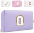 Small Personalized Letter Makeup Bag, Cute PU Leather Chenille Letters Cosmetic Bag Travel Makeup Pouch, Preppy Travel Organizer Zipper Pouch for Women&Girls（Purple-Q）