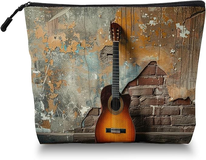 Cosmetic Bags Travel Makeup Toilet Case Waterproof Pouch for Women Girls 6.7X9.45inches - Guitar'S Solitary Pose Against A Rustic Wall