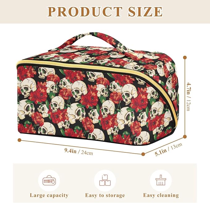 Makeup Organizer Bag, Skull and Flower Travel Makeup Bags Makeup Vanity Case Large Capacity Rhombus Cosmetic Toiletry Bag for Girl Women Ladies