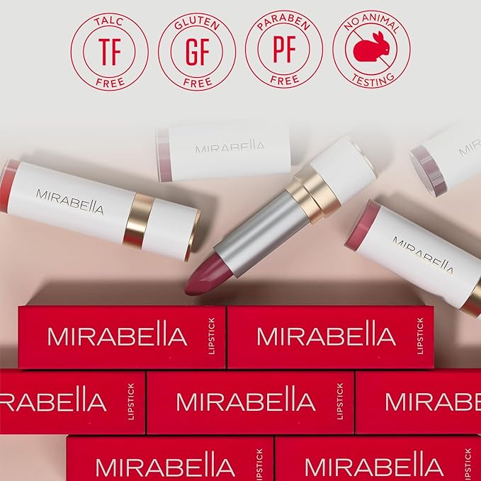 Mirabella - Sealed with a Kiss Full-Coverage Moisturizing Lipstick, Richly Pigmented, Creamy Lip Makeup, Hydrating Mineral-Based Lip Color with Antioxidant Vitamin E, Shine Shades, Coral Crush