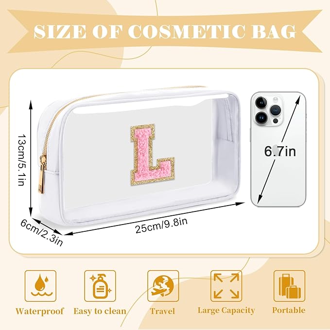 Personalized Initial Letter Clear Makeup Bag,Preppy Small Nylon&PVC Cosmetic Zipper Bag with Chenille Letter,Travel Skincare Toiletry Bag,Monogram Christmas Gift for Teen Girls Women,L