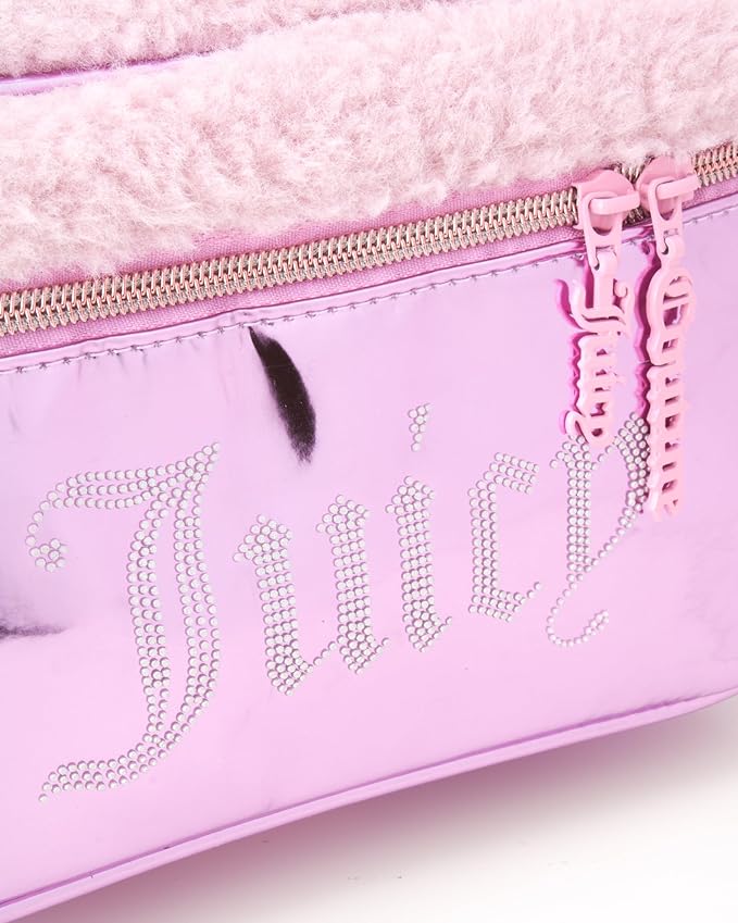 Juicy Couture Pink Makeup Bag Cosmetics Organizer Travel Essentials Train Case Shiny Rhinestones Faux Shearling