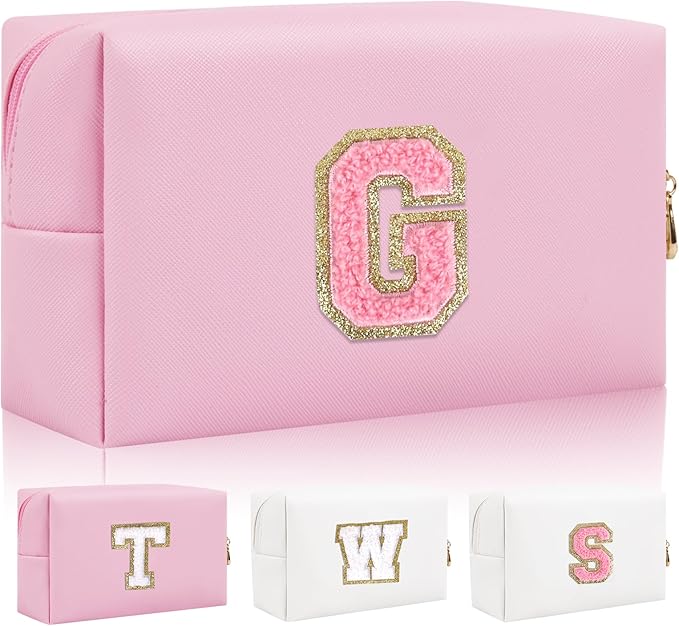 Personalized Initial Letter Patch Makeup Bag, Preppy Small Chenille Cosmetic Bag with Zipper, PU Leather Waterproof Travel Toiletry Bag Monogram Make Up Pouch for Women Girls