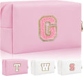 Personalized Initial Letter Patch Makeup Bag, Preppy Small Chenille Cosmetic Bag with Zipper, PU Leather Waterproof Travel Toiletry Bag Monogram Make Up Pouch for Women Girls