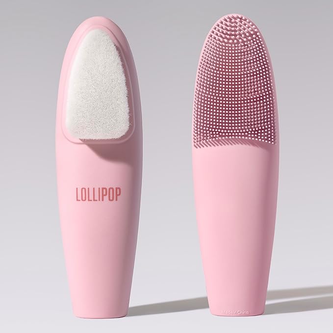 LOLLIPOP Dual-Sided Facial Cleansing Brush | Handle Size Silicone Face Exfoliator and Soft Fiber Cleanser | Manual Face Scrubber for Pores, Makeup Removal, Blackhead and Skincare Routine, Bubblegum
