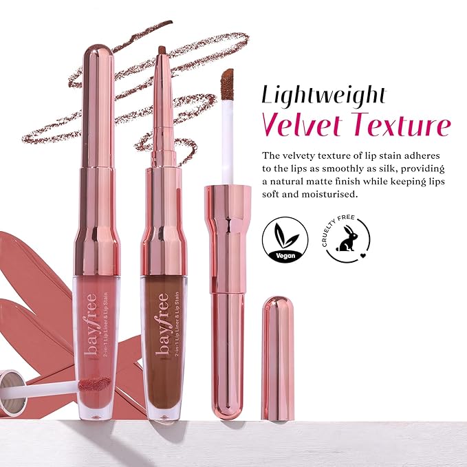 bayfree 2 PCS Lip Liner and Lip Stain Combo Set, High Pigmented Long Lasting Velvet Lip Tint, Well-Defined Lipliner, Weightless Waterproof Not Animal Tested, Matte Finish Makeup