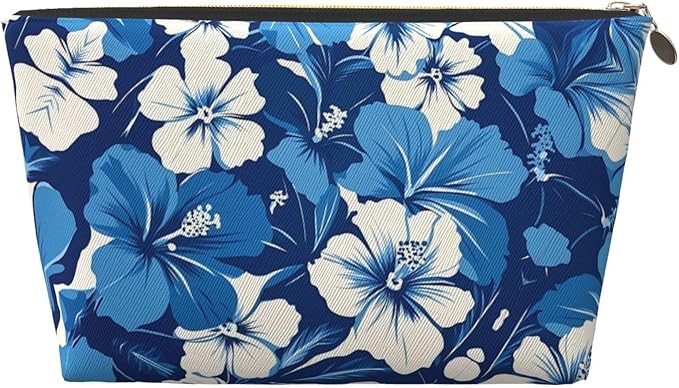 Womens Leather Makeup Bag Cosmetic Bag Travel Toiletry Bags Make Up Bags for Women Adult (Blue Hibiscus 3)