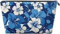 Womens Leather Makeup Bag Cosmetic Bag Travel Toiletry Bags Make Up Bags for Women Adult (Blue Hibiscus 3)