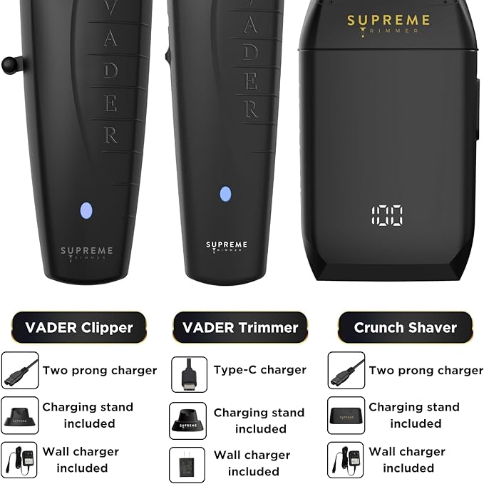 Supreme Trimmer Vader Clipper, Vader Trimmer & Crunch Foil Shaver | Professional Beard Trimmer, Men's Clippers | 3 in 1 Set, Black