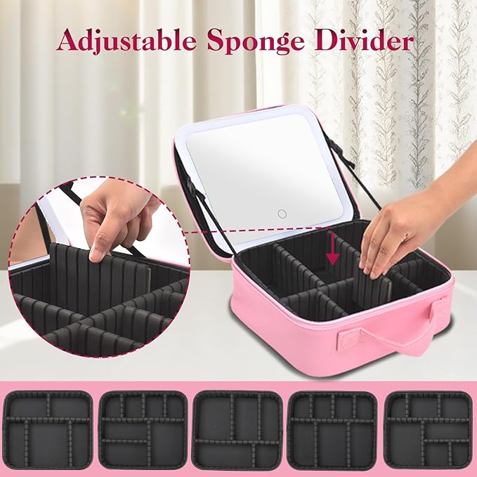 Travel Makeup Bag With LED Mirror,Cosmetic Train Case with 3 Color Setting,Cosmetic Makeup Organizer Bag with Adjustable Dividers,Portable Make up Box with Make up Brushes Holder Storage（Pink）
