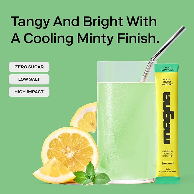 MAGNA Electrolytes Powder Drink Mix for Hydration, Energy & Focus Support with Magnesium L Threonate, Sodium, Potassium, Vitamin D, B6 & B12, Sugar Free, Mint Lemonade Flavor, 7 Servings