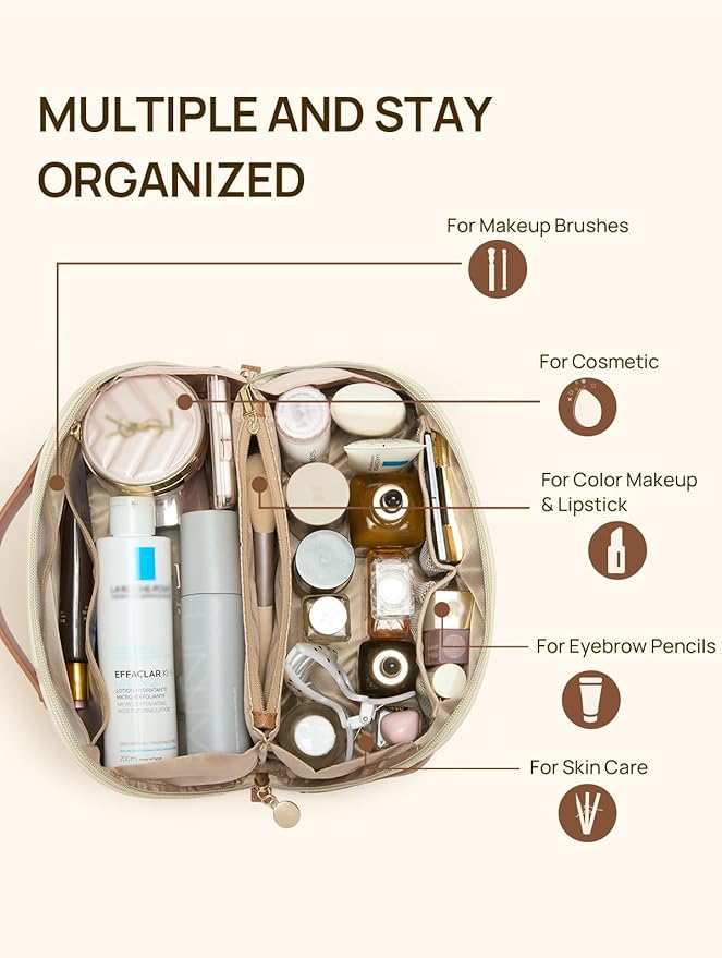 Telena Leather Make Up Bag Portable Travel Makeup Bag Waterproof Cosmetic Bags for Women Large Capacity With Handle and Divider Open Flat