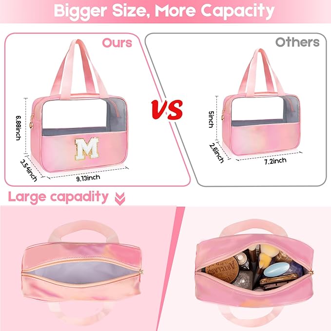 Personalized Initial Clear Makeup Bag Pink Cosmetic Bag Set Large Travel Toiletry Bag, Cute Clear Make Up Bags Organizer Bag for Girlfriend Teacher Gifts Teen Girl Gifts Trendy Stuff K (Pink)