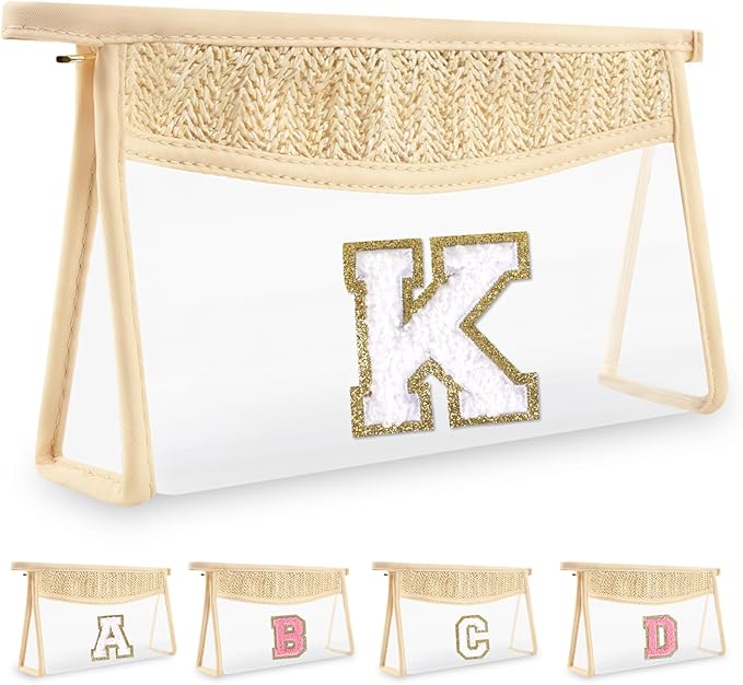 Personalized Initial Letter Bag Boho Straw Clear Makeup Bag,Small Cute Chenille Varsity Letter Pouch With Zipper,Beach Travel Toiletry,Portable Monogrammed Cosmetic Bag for Women Girls,K