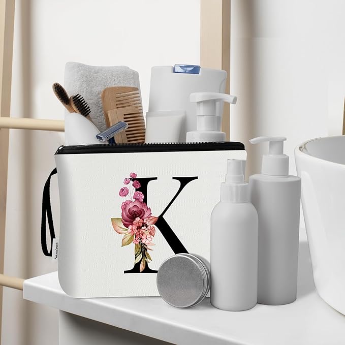 Vavabox A-Z Personalized Makeup Bag, Birthday Gifts for Women Mom, Gifts for Best Friend, Bride Bridesmaid Cosmetic bag (K, 03-White Set)