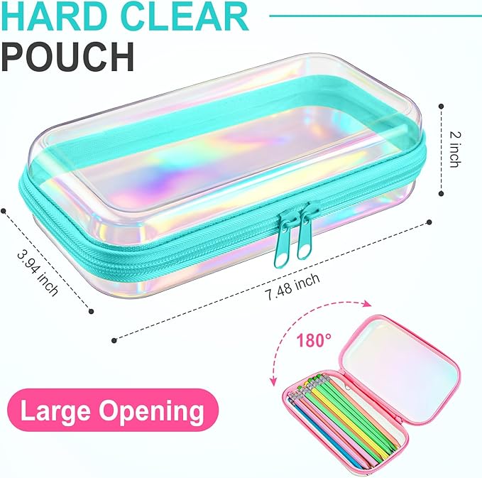 Sanwuta 6 Pcs Clear Hard Zipper Case Hard Plastic Zipper Pouches Makeup Bag Pencil Pouches Transparent Cases for Snacks Plastic Storage Organizer Box for Travel(Holographic,7.48 x 3.94 x 2 Inch)
