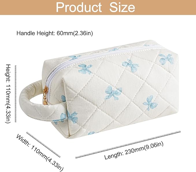 Makeup Bag Travel Cosmetic Bag for Women, Zipper Make Up Pouch, Floral Flowers Toiletry Organizer Makeup with Handle, Cosmetic Travel Cloth Bag (Blue Bow Tie)