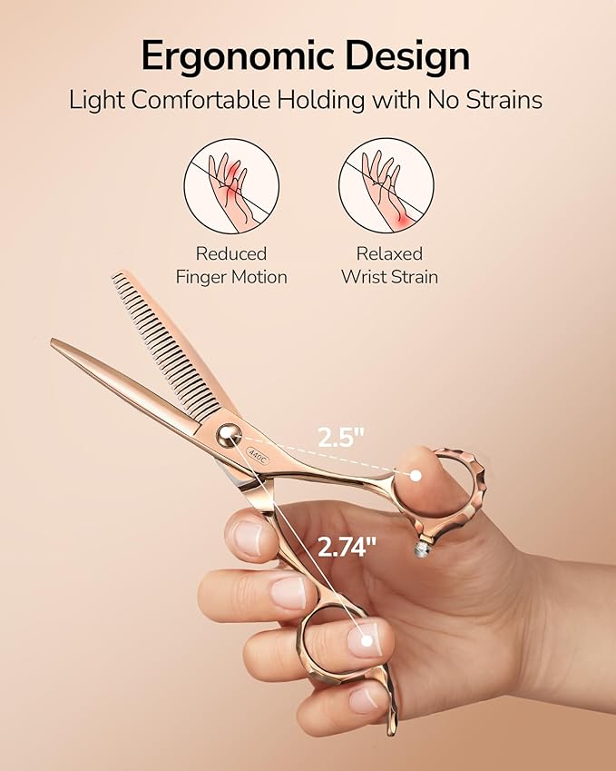 ULG Professional Seamless Hair Thinning Scissors Luxury 18K Rose Gold Coated 6.5" Barber Scissors 440C Japanese Stainless Steel Hand-Honed Convex Blades Offset Handles Tension Adjustable, Right-Handed