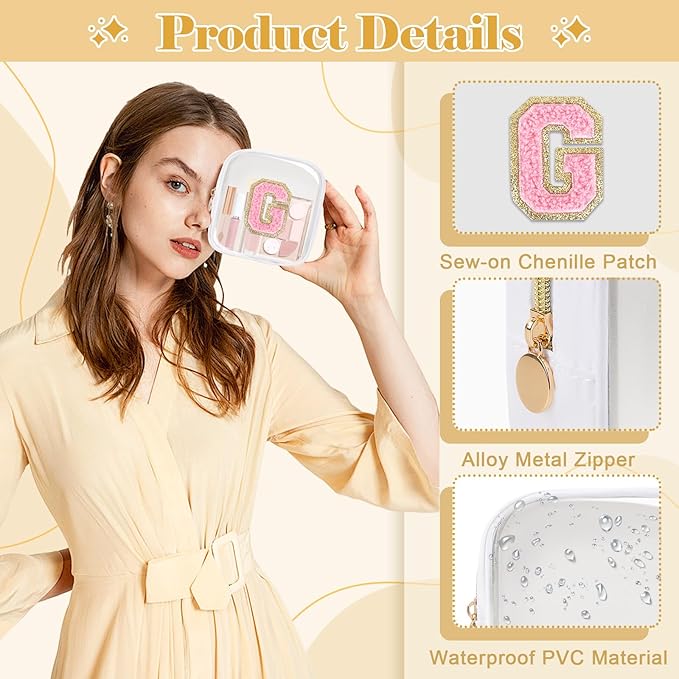 Personalized Initial Letter Clear Preppy Makeup Bag,Mini Nylon Chenille Letter Cosmetic Bag Cute Zipper Pouch Purse for Teen Girls,Portable TSA Approved Beach Travel Essentials Bag Gift for Women,G
