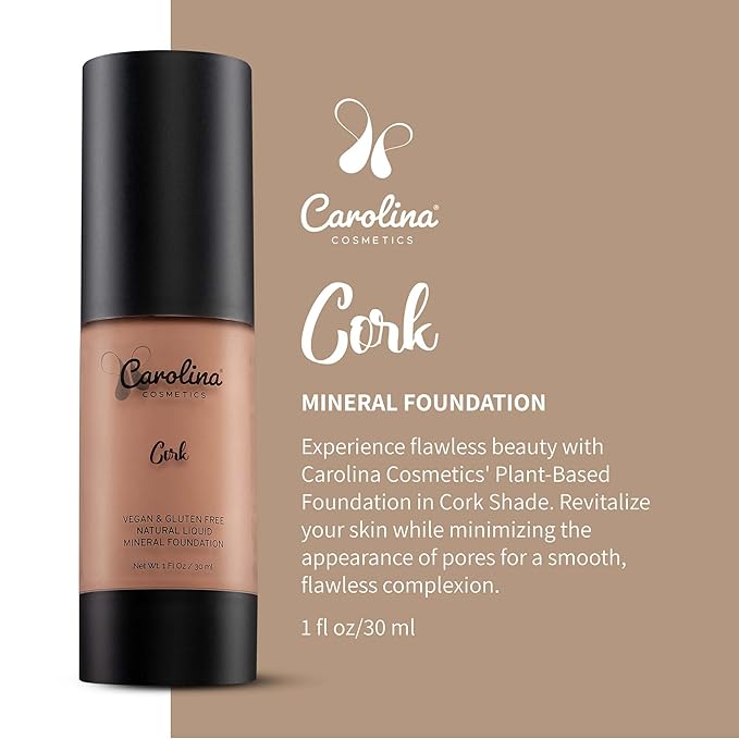 Carolina Cosmetics - Foundation in Cork Shade Plant-Based - Hydrating, Pore-Minimizing & Buildable Coverage - Vegan, Non-GMO, Paraben-Free - 1oz