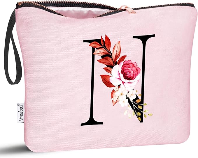 Vavabox A-Z Personalized Makeup Bag, Birthday Gifts for Women Mom, Gifts for Best Friend, Bride Bridesmaid Cosmetic bag (N, Pink)