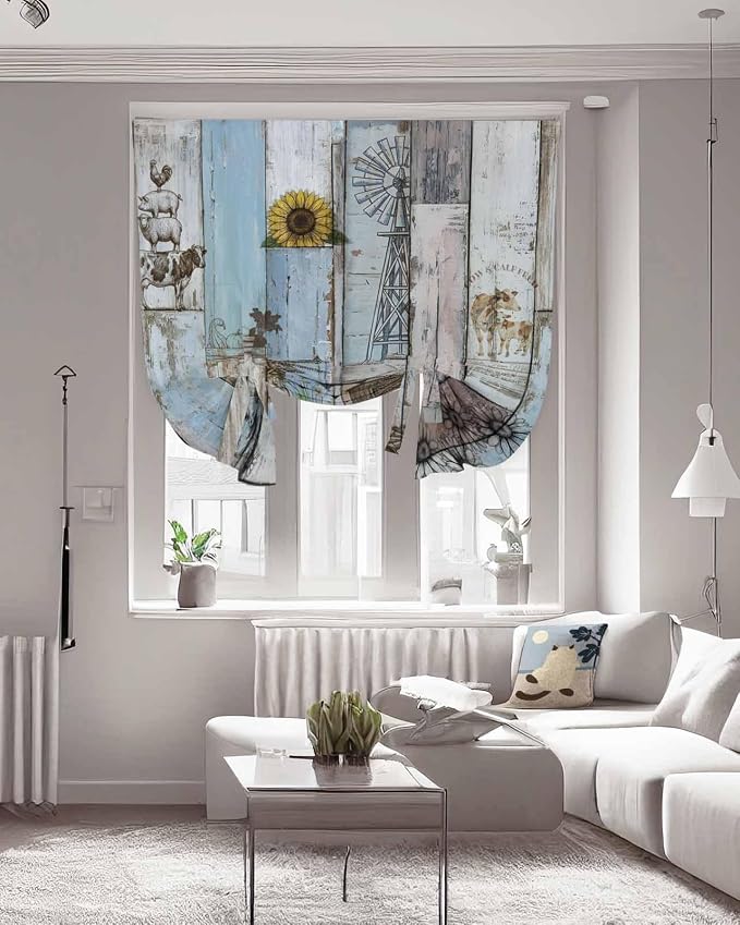 Tie Up Curtains for Windows, Farmhouse Barn Sunflowers Retro Privacy Curtains - Image 3
